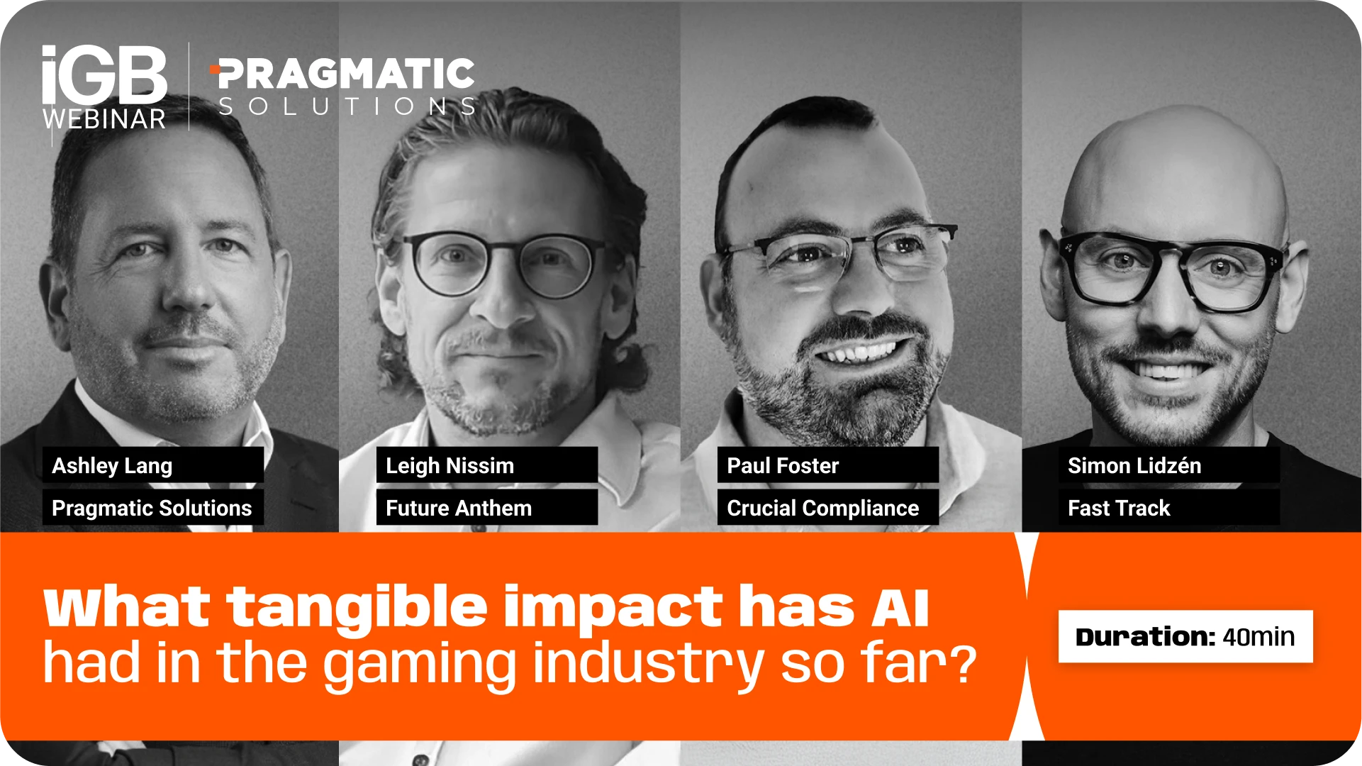 Four speakers appearing for the Pragmatic Solutions webinar on the impact of AI on the igaming industry