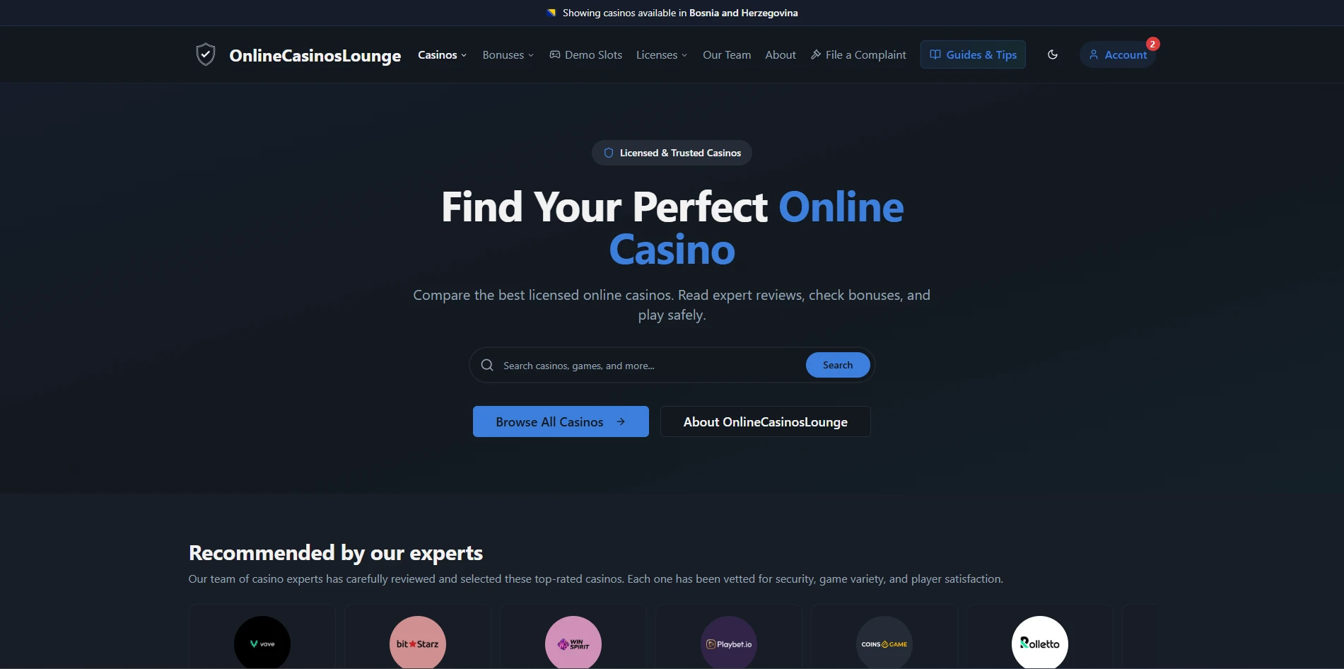 OnlineCasinosLounge Interface