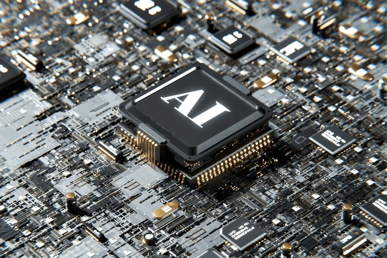 Artificial intelligence chip on hardware motherboard background