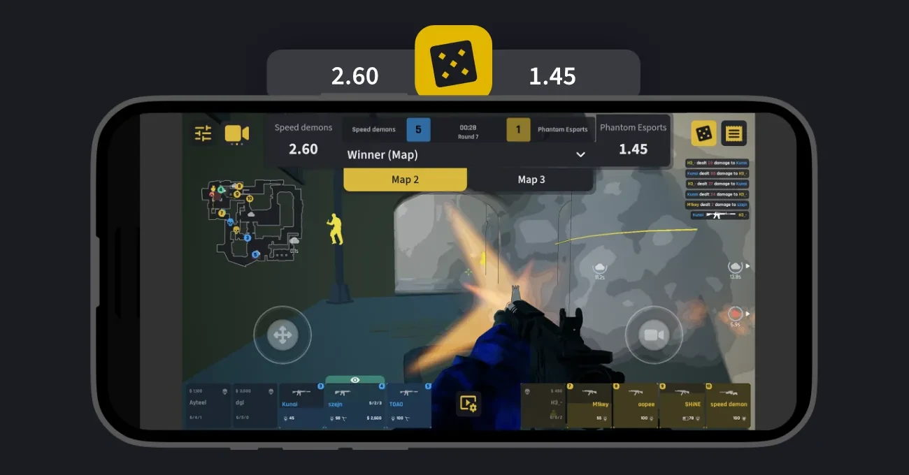 mobile phone displaying interface of Oddin.gg's BetPeek