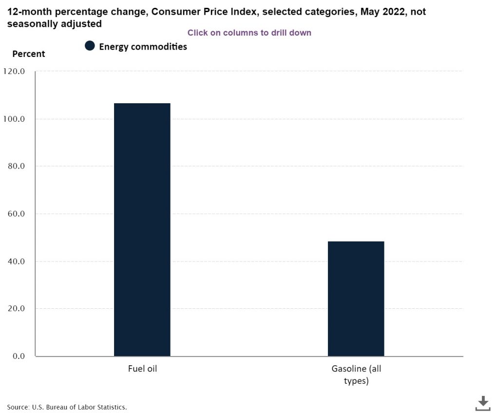 12-month percentage change, Consumer Price Index, selected categories, May 2022, not seasonally adjusted- fuel oil and gasoline