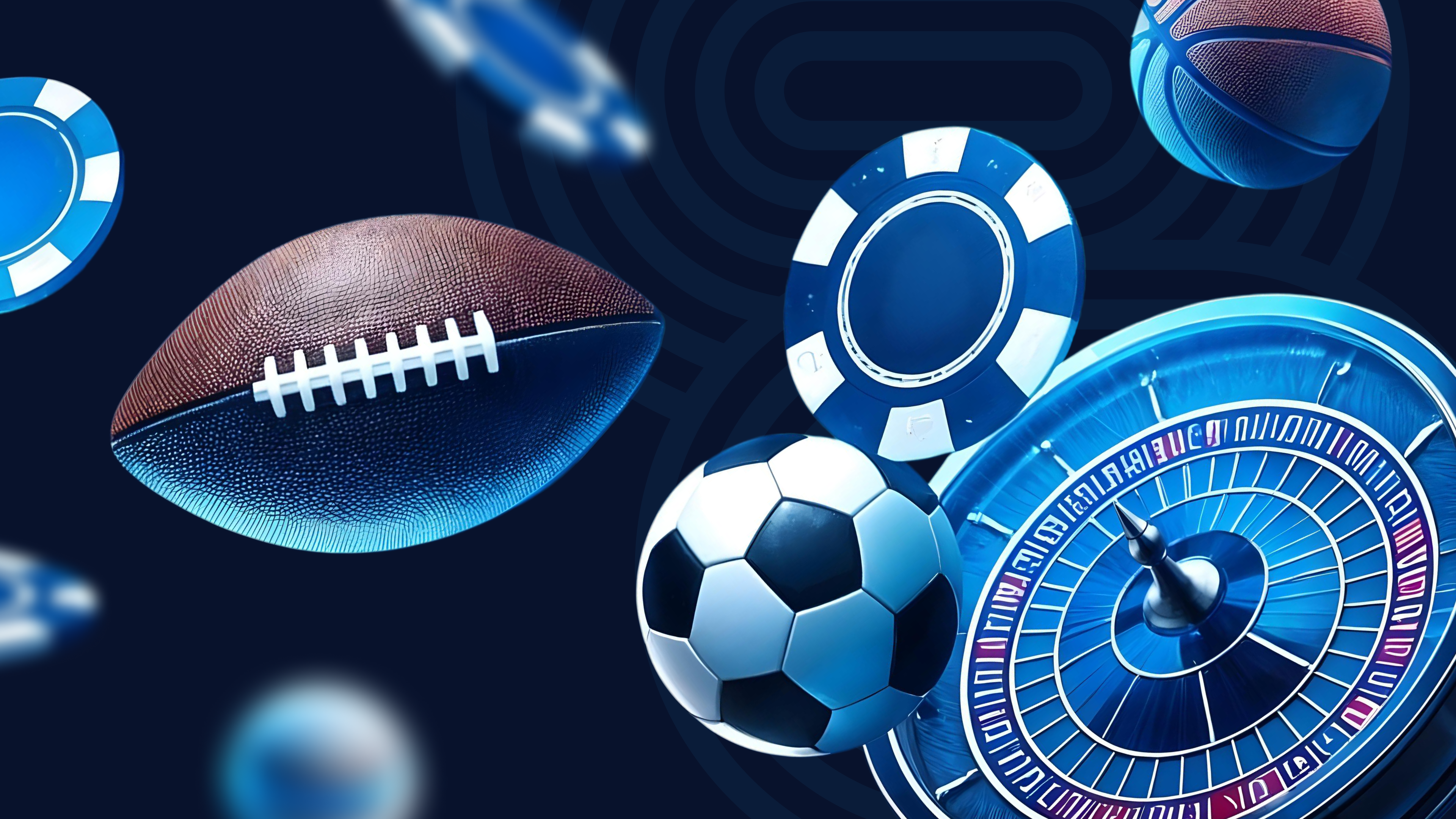 Sports balls, poker chips and roulette wheel with GR8 Tech branding