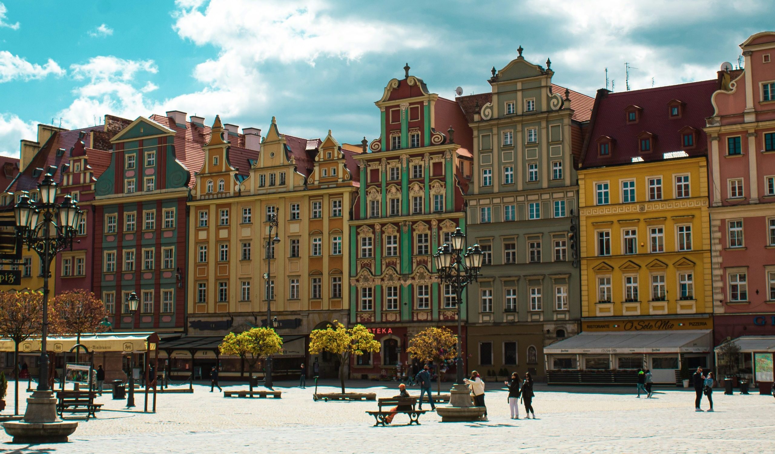 Buildings along a street in Wroclaw, Poland